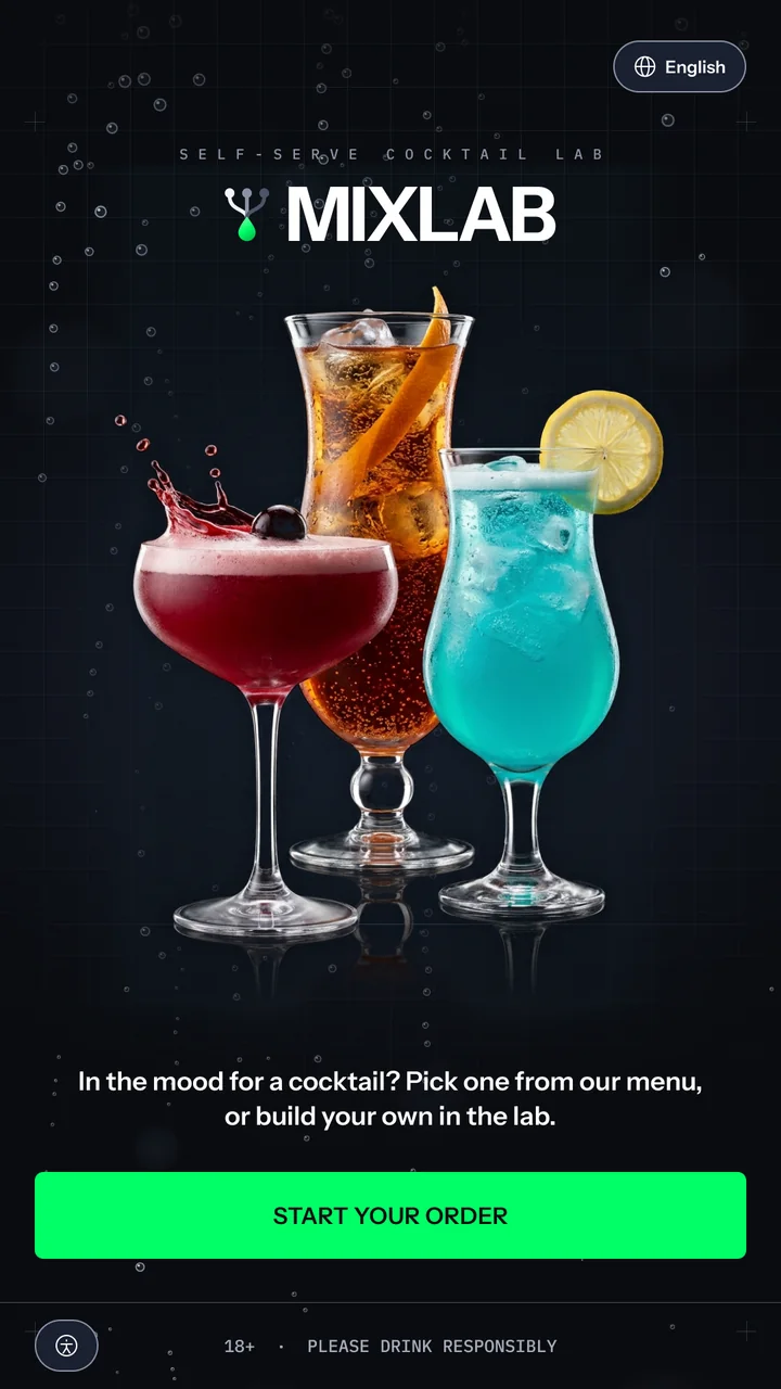 MixLab start screen: the wordmark over a lab grid with rising bubbles, three cocktails in a coupe, a hurricane and a tall glass, the line In the mood for a cocktail? Pick one from our menu, or build your own in the lab, and a full-width Start your order button.