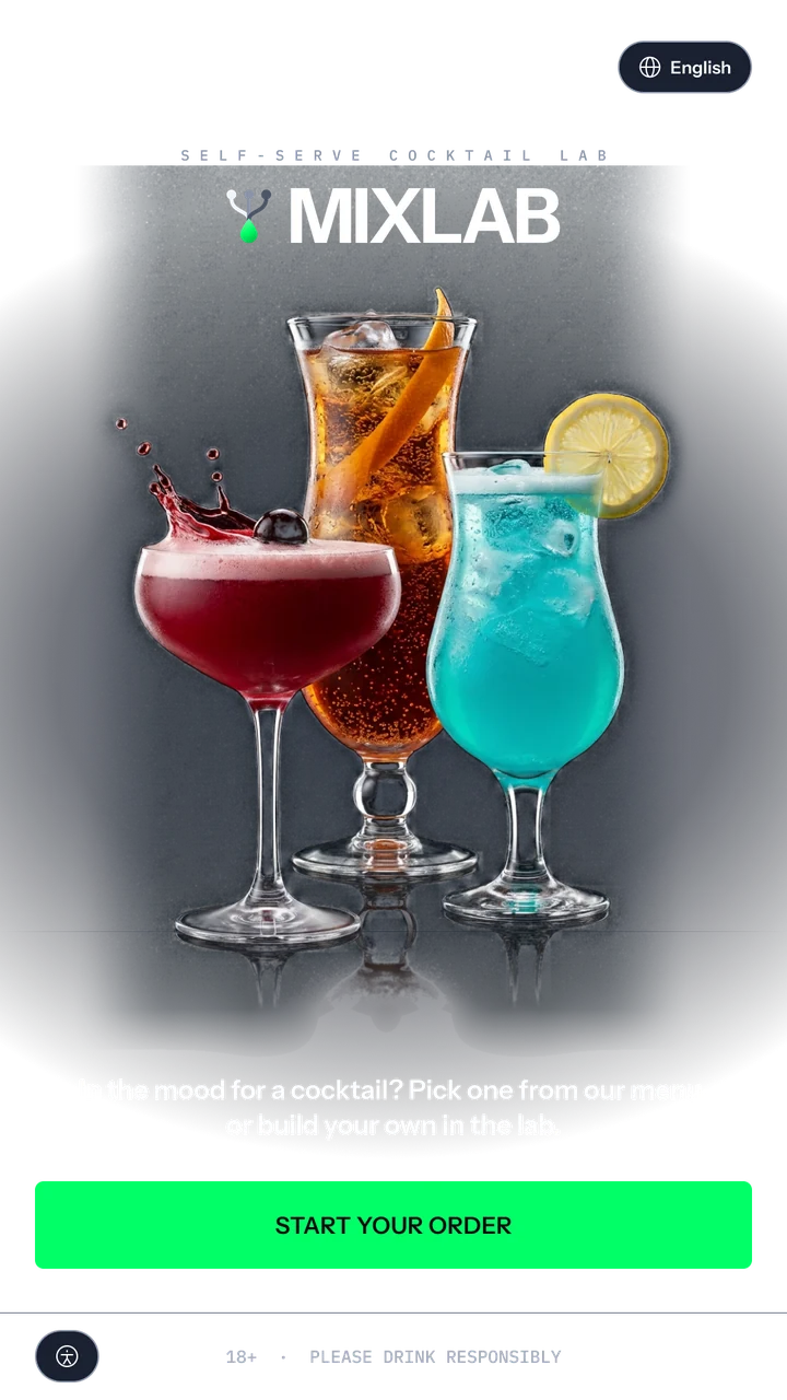 MixLab start screen: the wordmark over a lab grid with rising bubbles, three cocktails in a coupe, a hurricane and a tall glass, the line In the mood for a cocktail? Pick one from our menu, or build your own in the lab, and a full-width Start your order button.