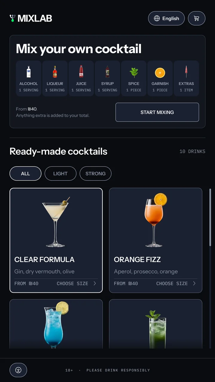 The moment Mor taps Clear Formula: its card pressed, with a white outline and a lighter fill. Every card reads From ₪40 and Choose size, and there is no add button on the menu, because the size is chosen on the next screen.