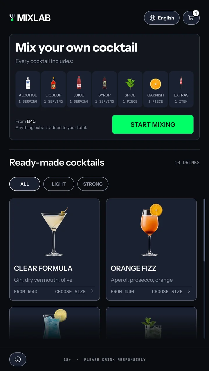 The menu again after adding Clear Formula, with a 1 on the cart icon and Start mixing back as the green action.