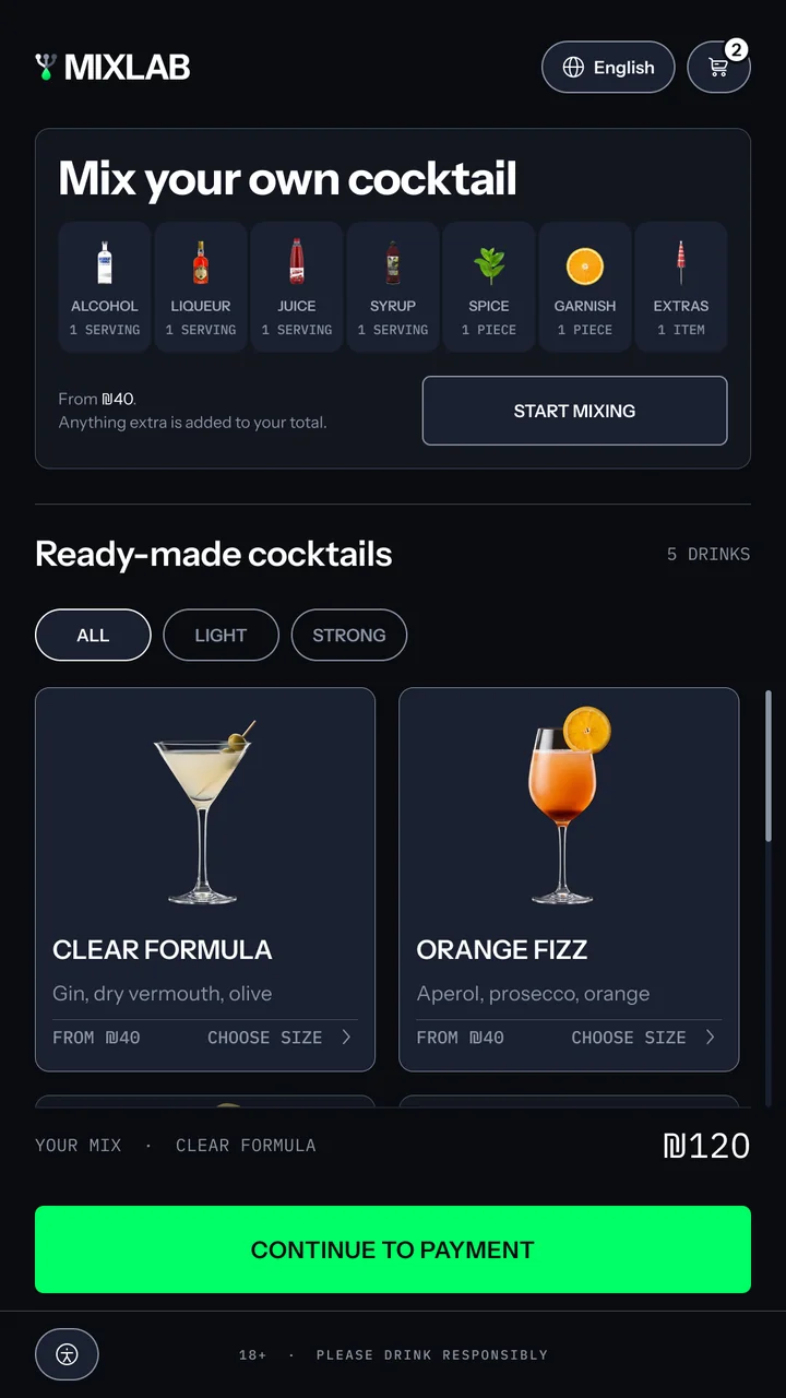 The menu with two drinks in the order: a 2 on the cart icon and an order bar reading Your Mix and Clear Formula, ₪120, above a green Continue to payment button.