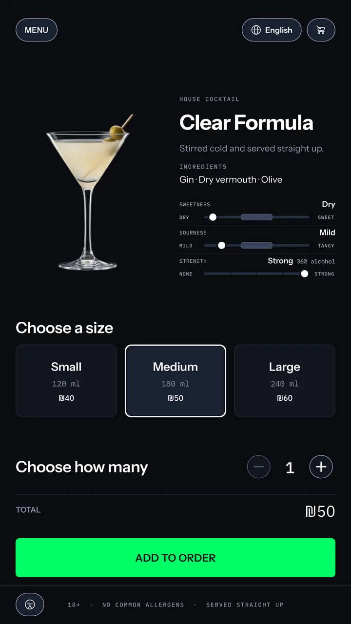 Drink detail for Clear Formula: the martini beside its name, the line stirred cold and served straight up, its ingredients, taste meters reading dry, mild and strong at 36%, three sizes with Medium 180 ml at ₪50 outlined in white, a quantity stepper at 1, a ₪50 total and a green Add to order button.