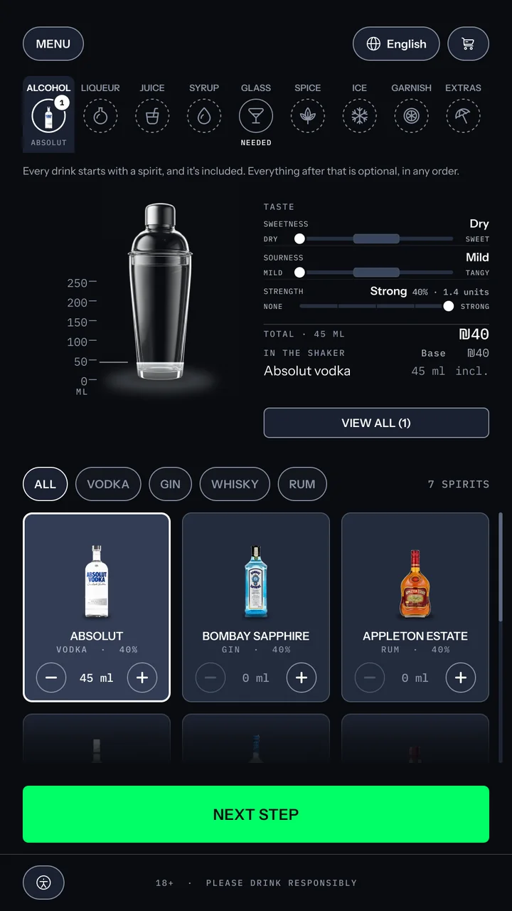 Build screen, alcohol: the line every drink starts with a spirit and it is included, a transparent shaker with 45 ml of vodka against a millilitre scale, a read-out with the ₪40 base, and a grid of seven spirits with Absolut selected at 45 ml.