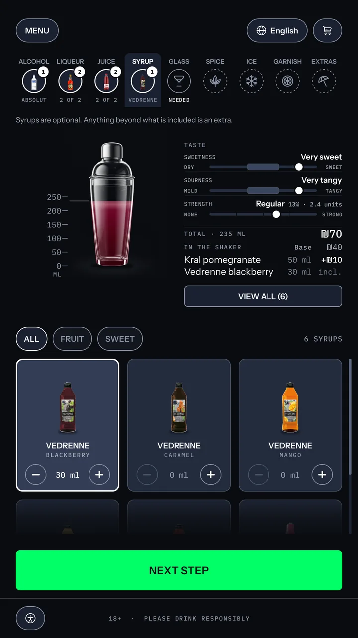 Build screen, syrup: the shaker filled to 235 ml in deep red, a read-out of six ingredients with two paid extras and a ₪70 total, meters reading very sweet, very tangy and regular strength at 13%, and a grid of syrups with blackberry selected.