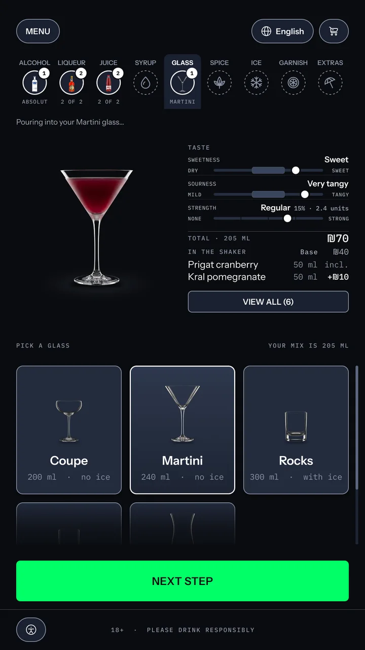 Glass step after the pour: the line Pouring into your Martini glass, the drink now in a martini glass, taste meters reading sweet, very tangy and regular at 15%, the ingredients read-out with a View all button, and the glass cards with Martini chosen, each showing its capacity and whether it takes ice, above a green Next step button.