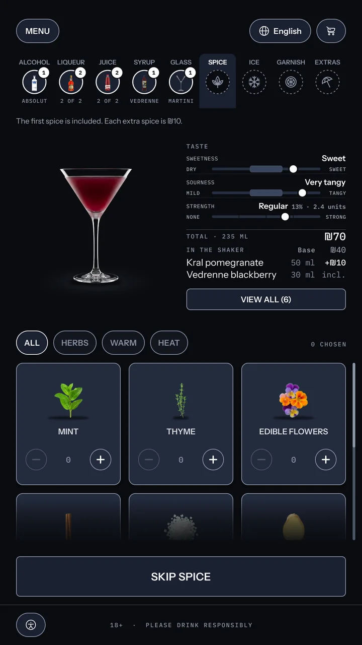Build screen, spice: the note that the first spice is included and each extra is ₪10, the drink now in its martini glass at 235 ml, and a grid of herbs, warm spices and heat with none chosen.