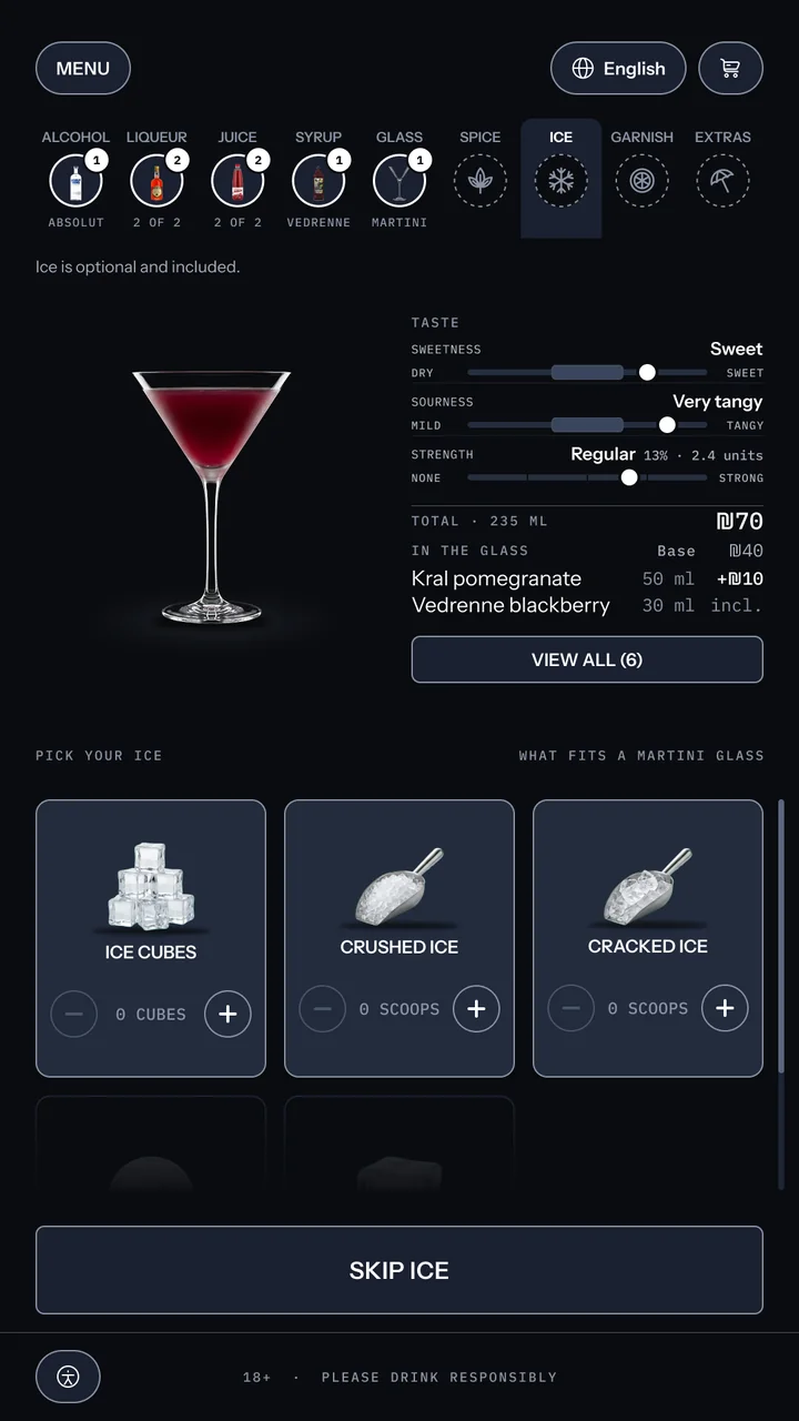Build screen, ice: ice options filtered to what fits a martini glass, with the ice sphere and large cube marked too big for this glass. Mor chooses none, because a martini is served straight up, and the action reads Skip ice.