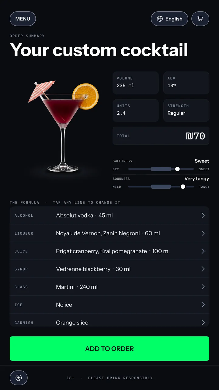 Formula card: the title Your custom cocktail beside the finished martini with a paper parasol and orange slice, tiles for 235 ml, 13%, 2.4 units, regular strength and a ₪70 total, taste meters, and eight formula rows from alcohol to extras, including the blackberry syrup and no ice, each tappable to change.