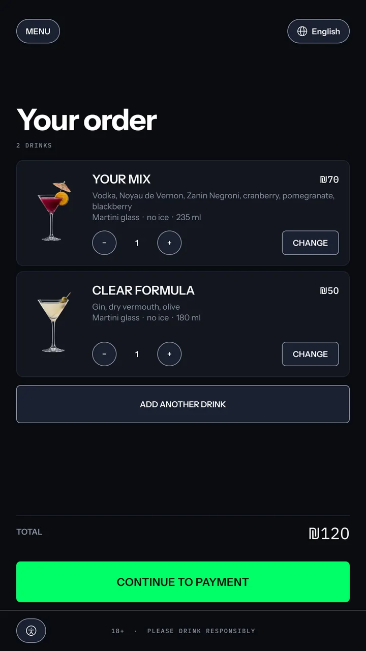 Order screen: two drinks, Your Mix at ₪70 and Clear Formula at ₪50, each with its recipe, glass and volume, a quantity stepper and a Change button, an Add another drink button, a ₪120 total and Continue to payment.