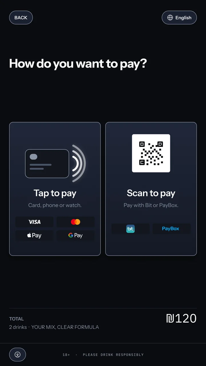 Payment choice: the question How do you want to pay?, two large options, Tap to pay with a card, phone or watch, and Scan to pay with Bit or PayBox, and the ₪120 total for two drinks.