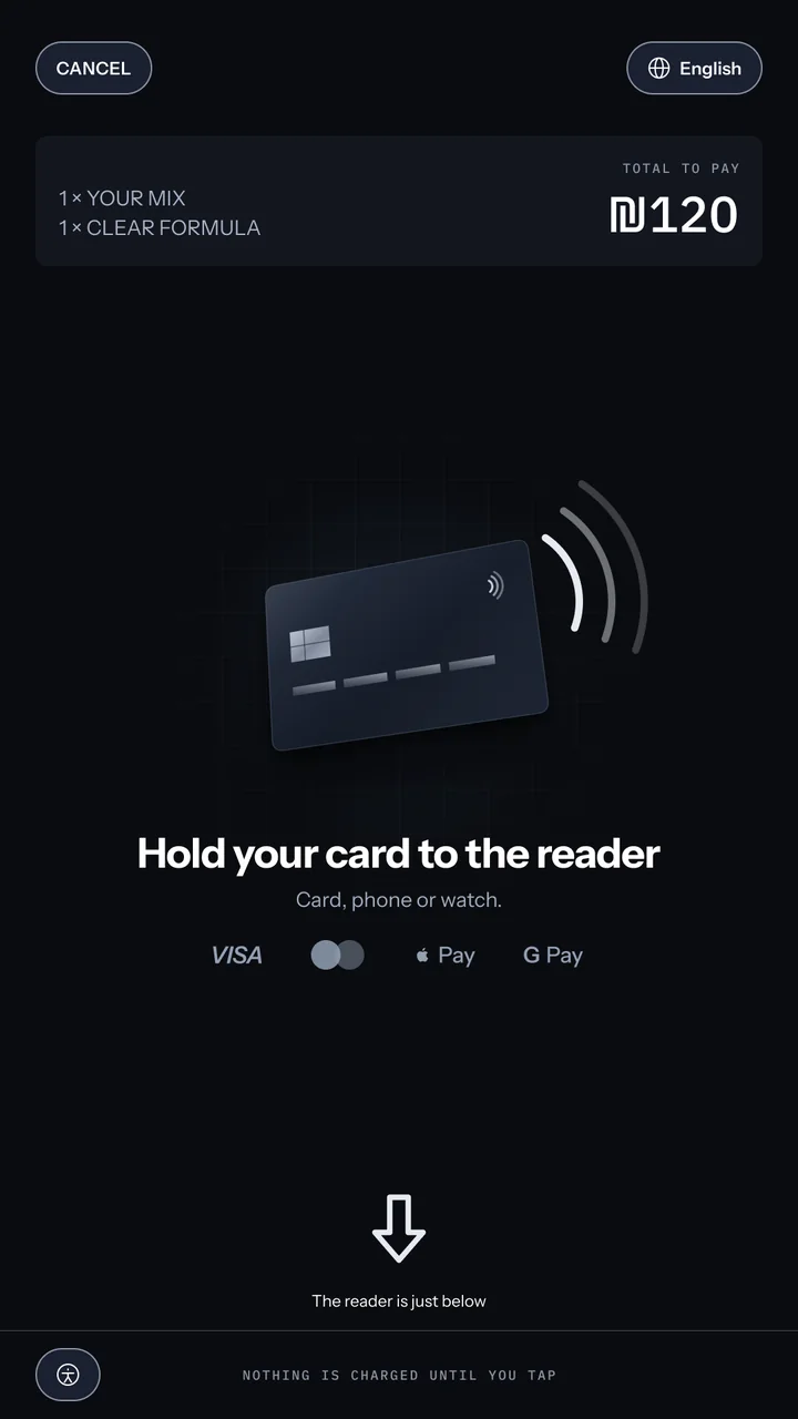 Tap to pay: the order lines and ₪120 total at the top, a card with contactless waves, an arrow pointing down, the title Hold your card to the reader, the line card, phone or watch, the reader is just below, accepted methods and Cancel payment.