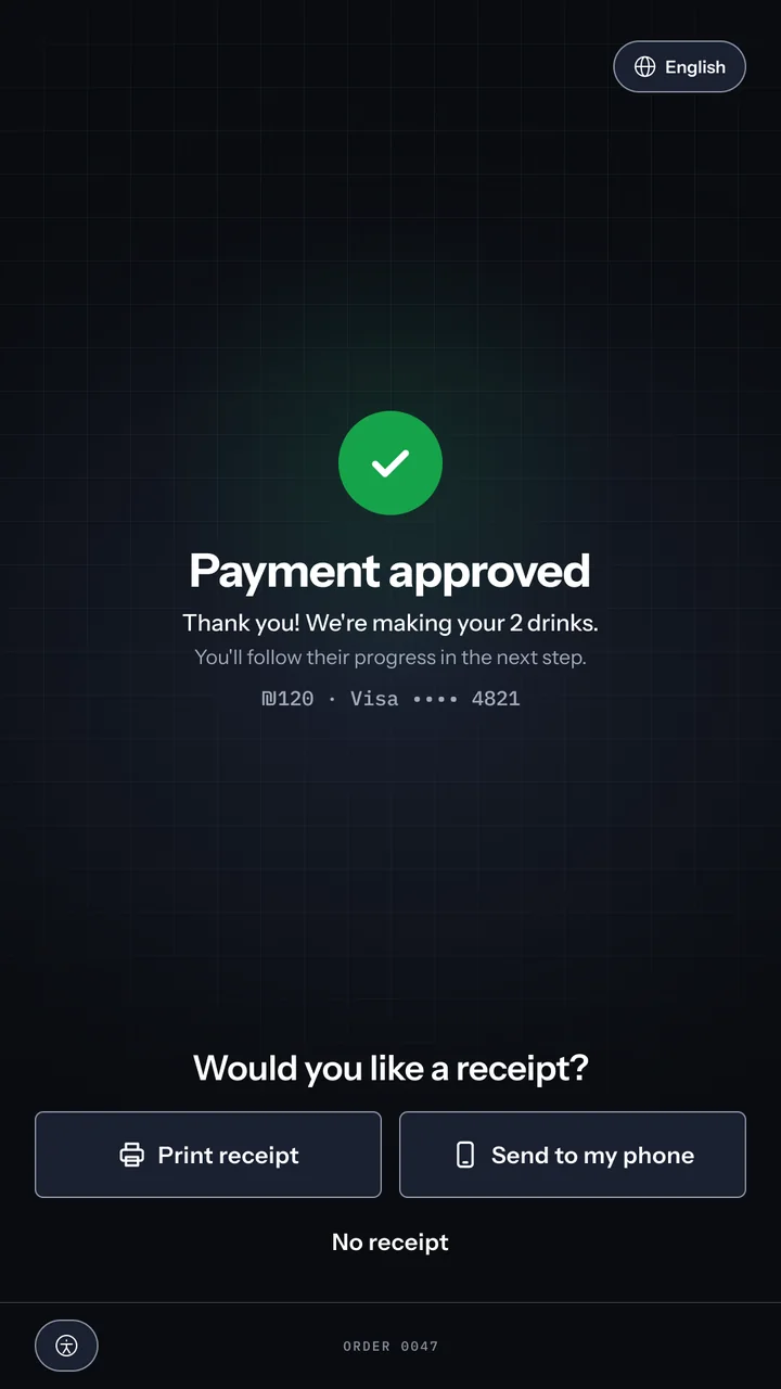 Payment approved: a green circle with a white check over the lab grid, the title Payment approved, the line thank you, we are making your 2 drinks, you will follow their progress in the next step, ₪120 paid by Visa ending 4821, and near the bottom the question Would you like a receipt? with Print receipt, Send to my phone and a No receipt text button.