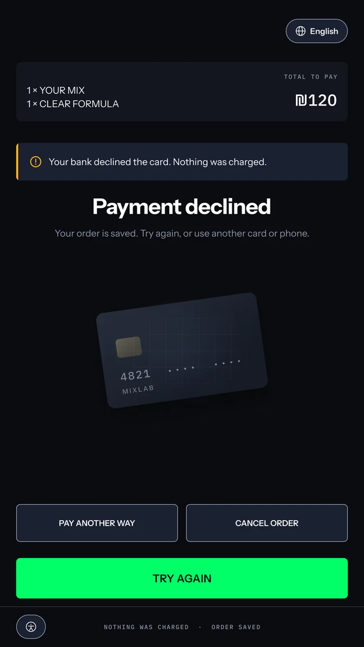 Payment declined: the title That payment didn't go through, a line that nothing was charged and the order is safe, Pay another way and Cancel order, the ₪120 total and a Try again button.