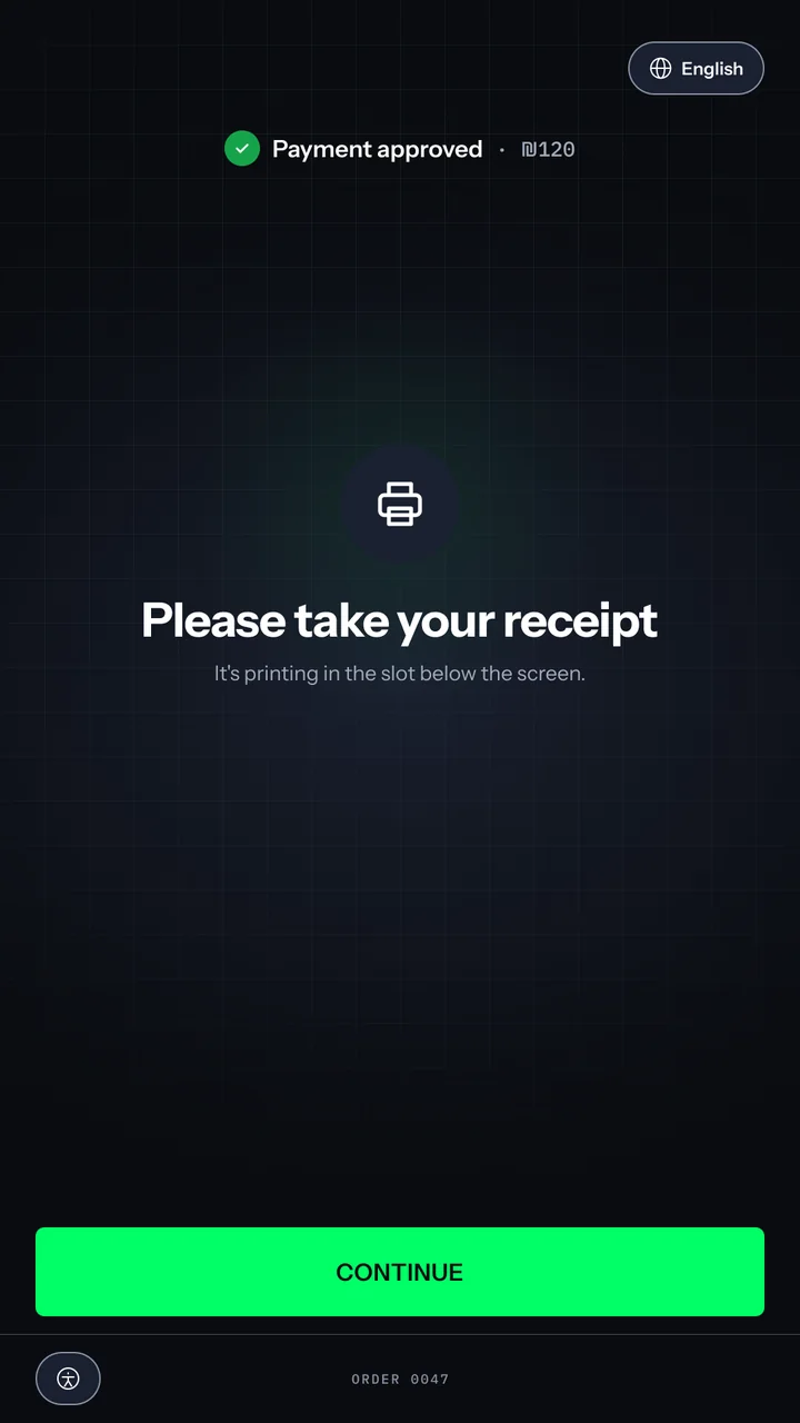 Printing the receipt: a compact payment approved line at the top, a printer icon, the title Please take your receipt, the line it is printing in the slot below the screen, and a green Continue to next step button.